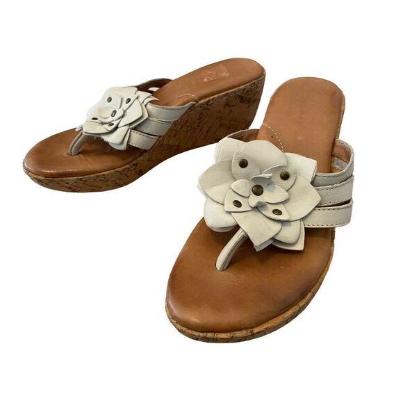 Born Miko Leather Flower Wedge Cork Sandals Platform Flip Flops Floral Summer Co - Picture 1 of 11